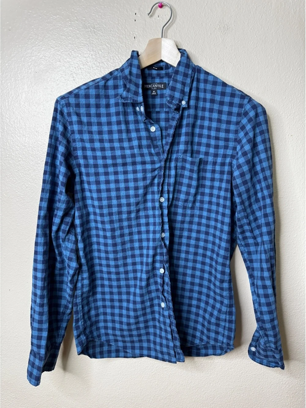 J.Crew Mercantile Flex Mens Medium Blue Gingham Check Button Down Shirt Slim Fit
